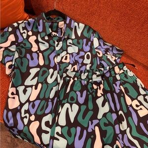 Bold Abstract Print Button-Up Shirt & Shorts Set - Black, Teal, Lavender, Mint